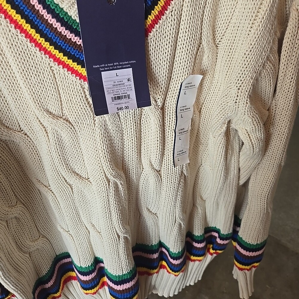 NWT 2 Sizes M and LCream Cable-Knit V-Neck Sweater with Rainbow Stripe Trim - Picture 2 of 3